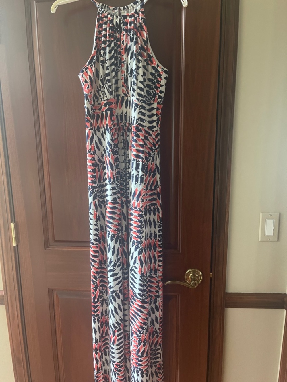 Maggy London Coral, Navy and White Halter Maxi Dress